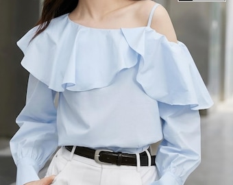 Top con volant sulle spalle / Camicia ampia a maniche lunghe / Abbigliamento quotidiano / Stile chic e minimalista