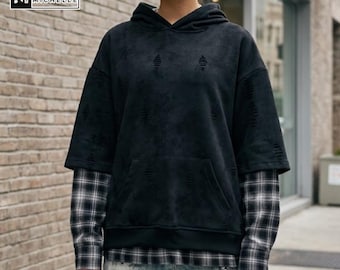 Felpa con cappuccio patchwork / Felpa oversize a maniche a quadri / Abbigliamento casual / Stile streetwear Y2K