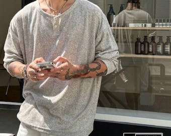 Camicia a maniche lunghe / Top Henley plissettato / Abbigliamento quotidiano / Stile street fit