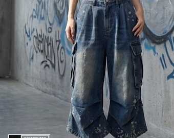 Jeans cargo plissettati / Pantaloni con tasche multiple / Jeans larghi streetwear