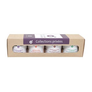 May include: A cardboard box containing four small jars of gourmet jam. The jars are white with labels in French. The box has a purple band with the words "Collections privées".
