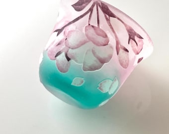 Sakura Glass mini cup – Handcrafted Japanese Sandblasted Art /  Flower green pink