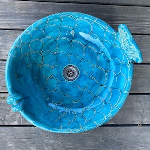 UM58 Big turquoise fish sink, round overtop washbasin, handmade ceramic washstand