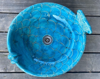 UM58 Big turquoise fish sink, round overtop washbasin, handmade ceramic washstand