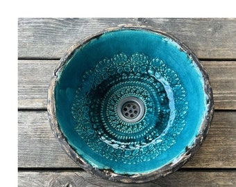 UM11 Turquoise with lace round sink, handmade washbasin, overtop washstand SMALL