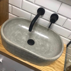 UB7 Gray Concrete Oval Sink Black Tap Black Drain Plug image 1