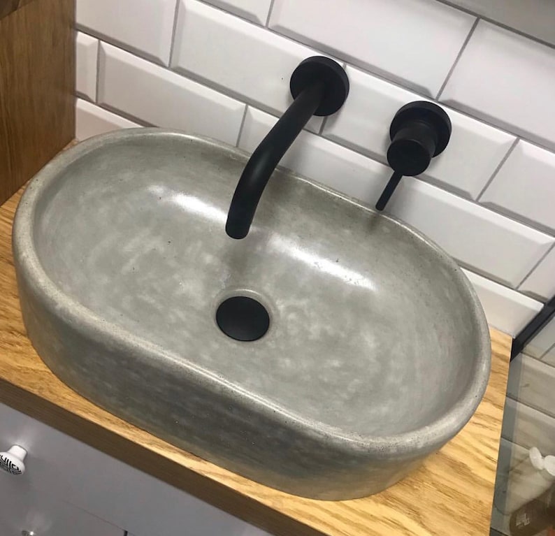 UB7 Gray Concrete Oval Sink Black Tap Black Drain Plug image 1