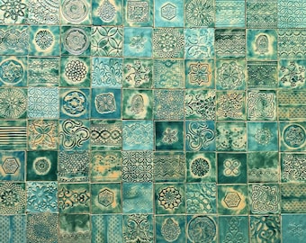 KK68 Carreaux de céramique carrés. Un délicat mélange de turquoise et de dentelle - 100 pièces - 1m2