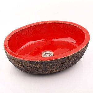 UM57 Red rock oval sink, overtop washbasin, unusual washstand