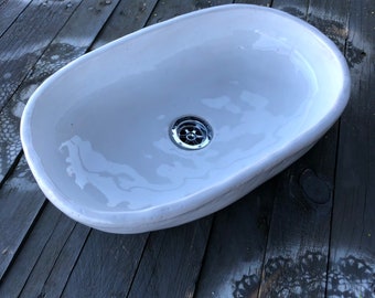 UM53 White oval sink, overtop washbasin, handmade ceramic washstand