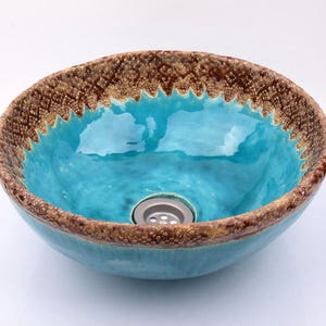 UM26 Folk brown laces round turquise sink, overtop washbasin, handmade ceramic washstand image 2