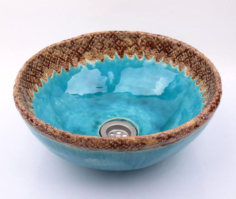UM26 Folk brown laces round turquise sink, overtop washbasin, handmade ceramic washstand image 2