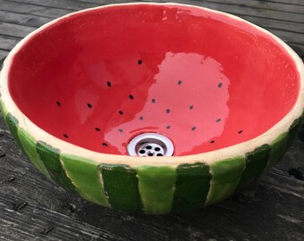 UM51 Lavabo redondo de cerámica. Sandía jugosa, originales decoraciones de frutas