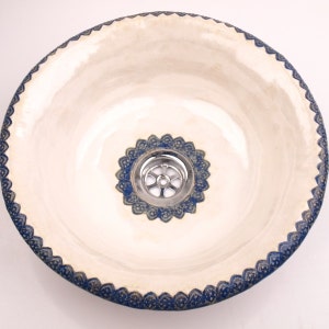 UM1 White sink with blue folk laces , round overtop washbasin, handmade ceramic washstand