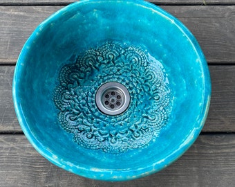 UM11 Turquoise with lace round sink, handmade washbasin, overtop washstand SMALL