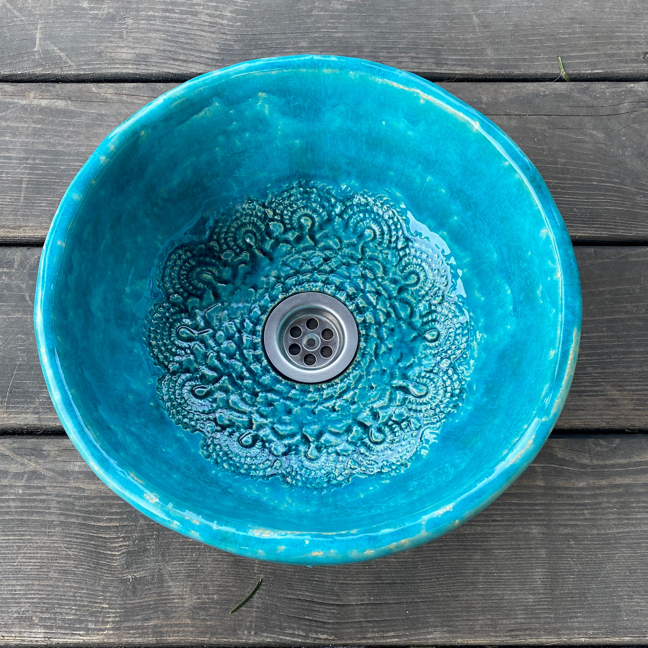 UM11 Turquoise with lace round sink, handmade washbasin, overtop washstand SMALL