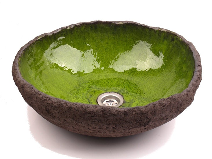UM39 Green lagoon sink, round overtop washbasin, handmade ceramic washstand