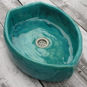 M59 Boat-shaped turquoise sink, overtop washbasin, handmade ceramic washstand
