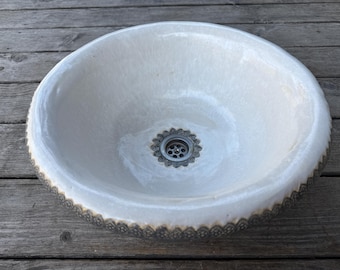UM28  Folk small brown laces ceramic sink, round overtop washbasin, handmade ceramic washstand