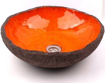 UM39 Orange lagoon sink, round overtop washbasin, handmade ceramic washstand