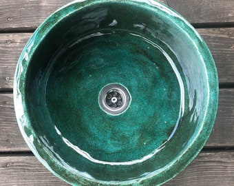 UM5 Lavabo tondo in ceramica verde, lavabo da appoggio, lavabo in ceramica fatta a mano