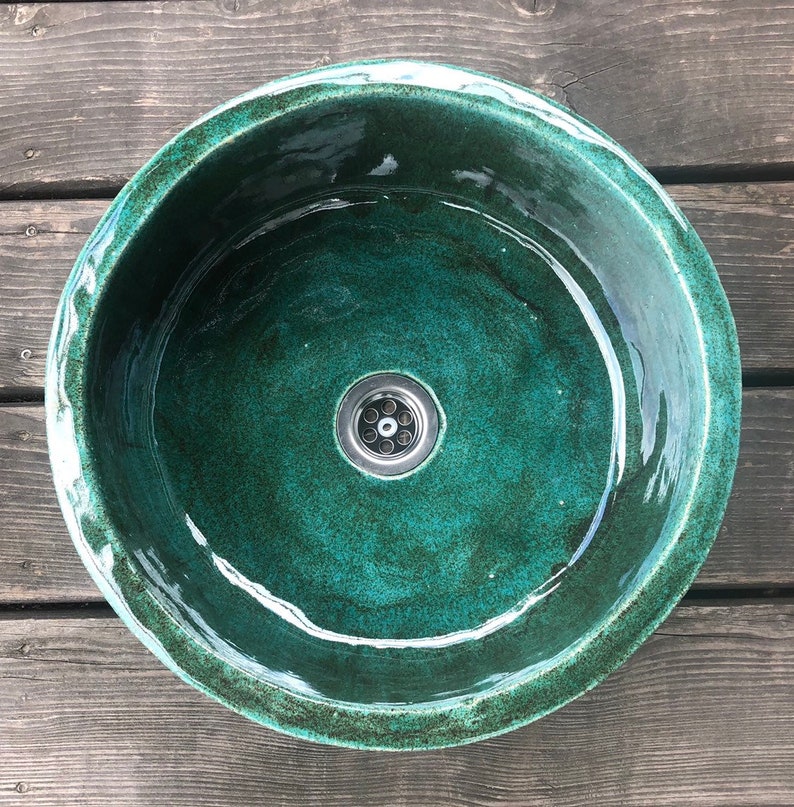 UM5 Green ceramic round sink, overtop washbasin, handmade ceramic washstand image 1