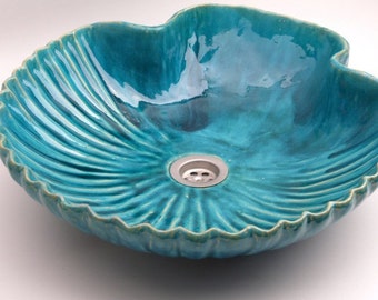 UM20 Turquoise seashell big sink, round overtop washbasin, handmade ceramic washstand