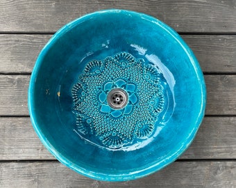 UM51 Turquoise sink with lace, BIG round overtop washbasin, handmade ceramic washstand