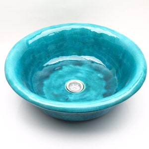 UM55 Big turquoise ceramic sink, round overtop washbasin, handmade ceramic washstand