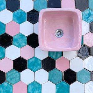 square washbasin and hexagon tiles - ceramic, handmade, pastel set