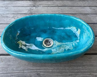 UM53 Aqua blue oval sink, overtop washbasin, handmade ceramic washstand
