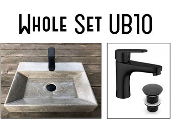 UB10 Gray Concrete Rectangular Sink, Washbasin + Black Faucet + Black Drain Plug