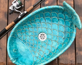 Grand évier de poisson ovale en céramique turquoise UM54, lavabo