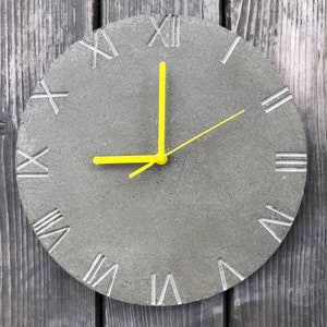 ZB2 Gray Concrete Clock, Yellow Hands, Roman Numerals