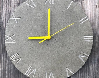 ZB2 Gray Concrete Clock, Yellow Hands, Roman Numerals