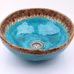 UM26 Folk brown laces round turquise sink, overtop washbasin, handmade ceramic washstand image 1