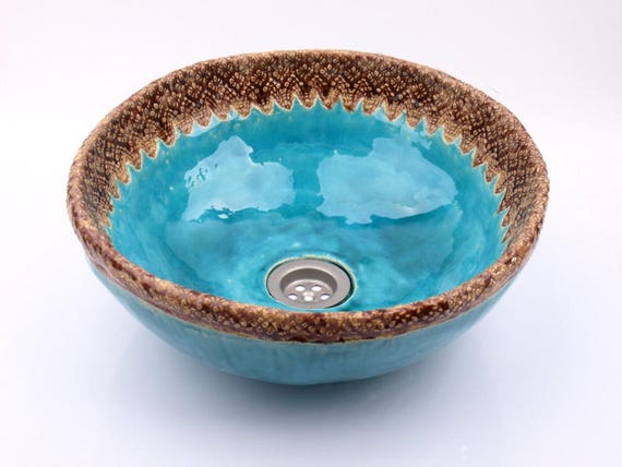 UM26 Folk brown laces round turquise sink, overtop washbasin, handmade ceramic washstand