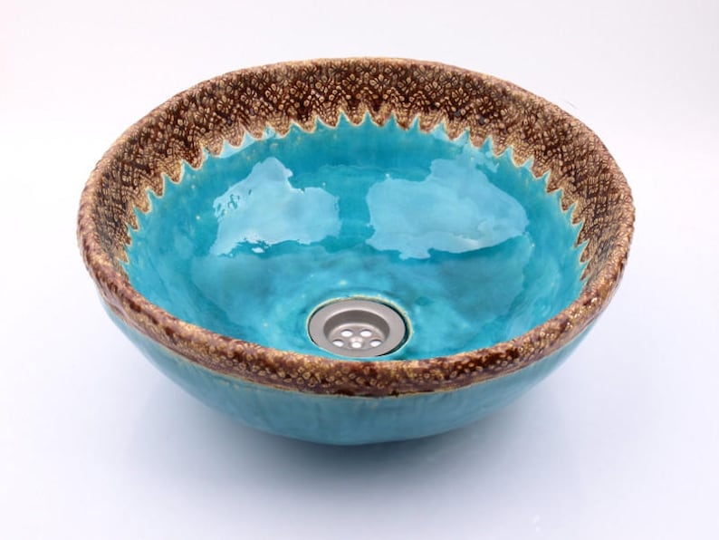 UM26 Folk brown laces round turquise sink, overtop washbasin, handmade ceramic washstand image 1