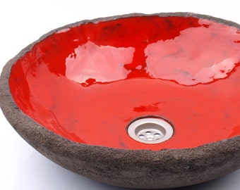 UM39 Red lagoon sink, round overtop washbasin, handmade ceramic washstand