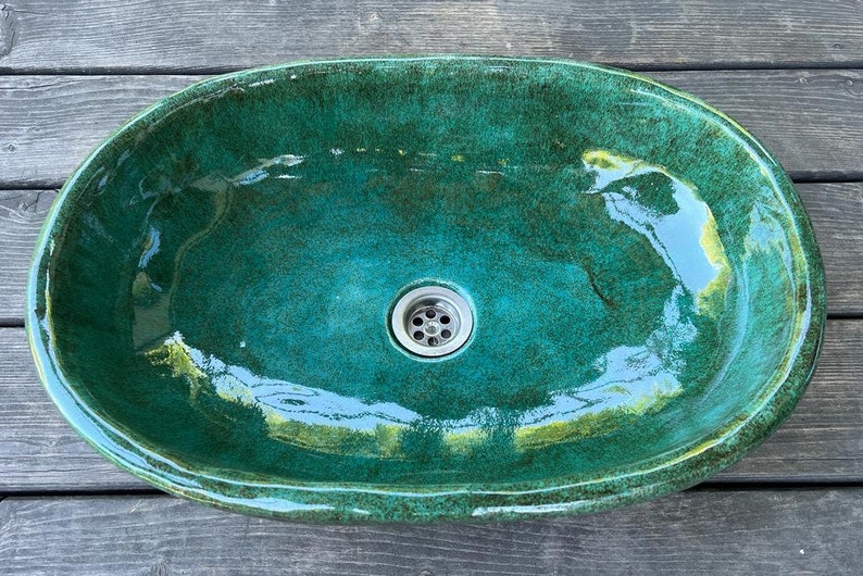 UM48 Oval green sink, overtop washbasin, unusual washstand image 1