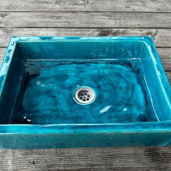 UM17 Grand évier rectangulaire en céramique turquoise, évier