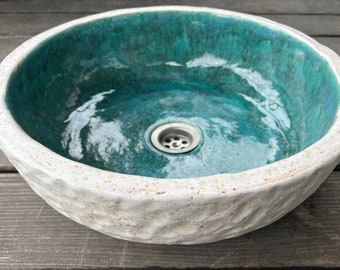 UM67 Turquoise stone sink, round overtop washbasin, handmade ceramic washstand