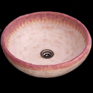 UM26 Folk pink laces round white sink, overtop washbasin, handmade ceramic washstand