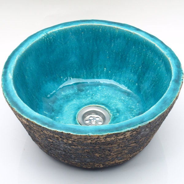 UM12 Loft turquoise in the rock sink, round overtop washbasin, handmade ceramic washstand