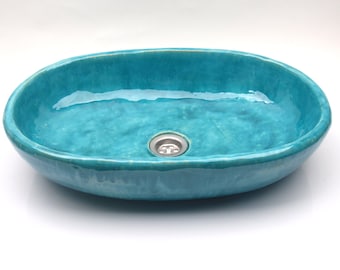 UM53 Aqua blue oval sink, overtop washbasin, handmade ceramic washstand