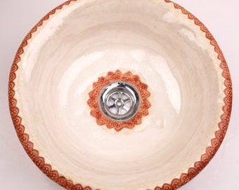 UM1 White sink with brown folk laces , round overtop washbasin, handmade ceramic washstand