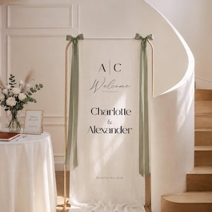 Personalized Linen Wedding Welcome Sign, Custom Fabric Banner, Modern Engagement Party Decor image 16