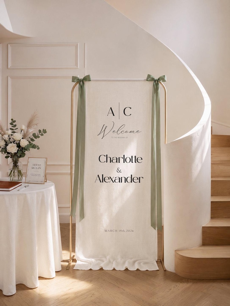 Personalized Linen Wedding Welcome Sign, Custom Fabric Banner, Modern Engagement Party Decor image 16