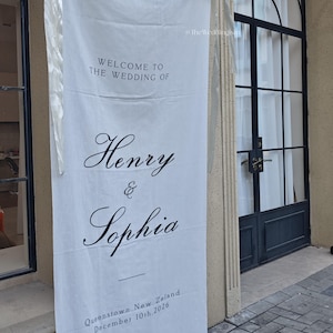 Personalized Linen Wedding Welcome Sign, Custom Fabric Banner, Modern Engagement Party Decor image 2