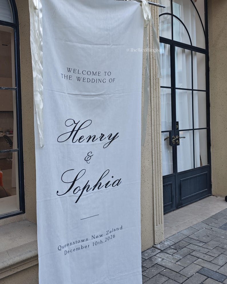 Personalized Linen Wedding Welcome Sign, Custom Fabric Banner, Modern Engagement Party Decor image 2